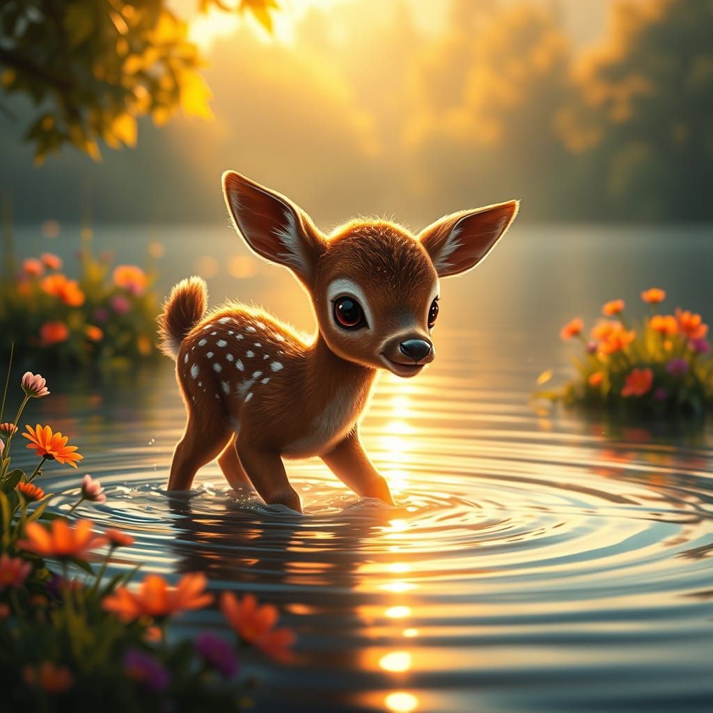 Serene Summer Lake Scene with Curious Baby Deer