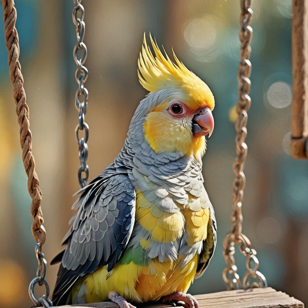 Colorful Cockatiel Perched in Sunny Aviary: Digital Art