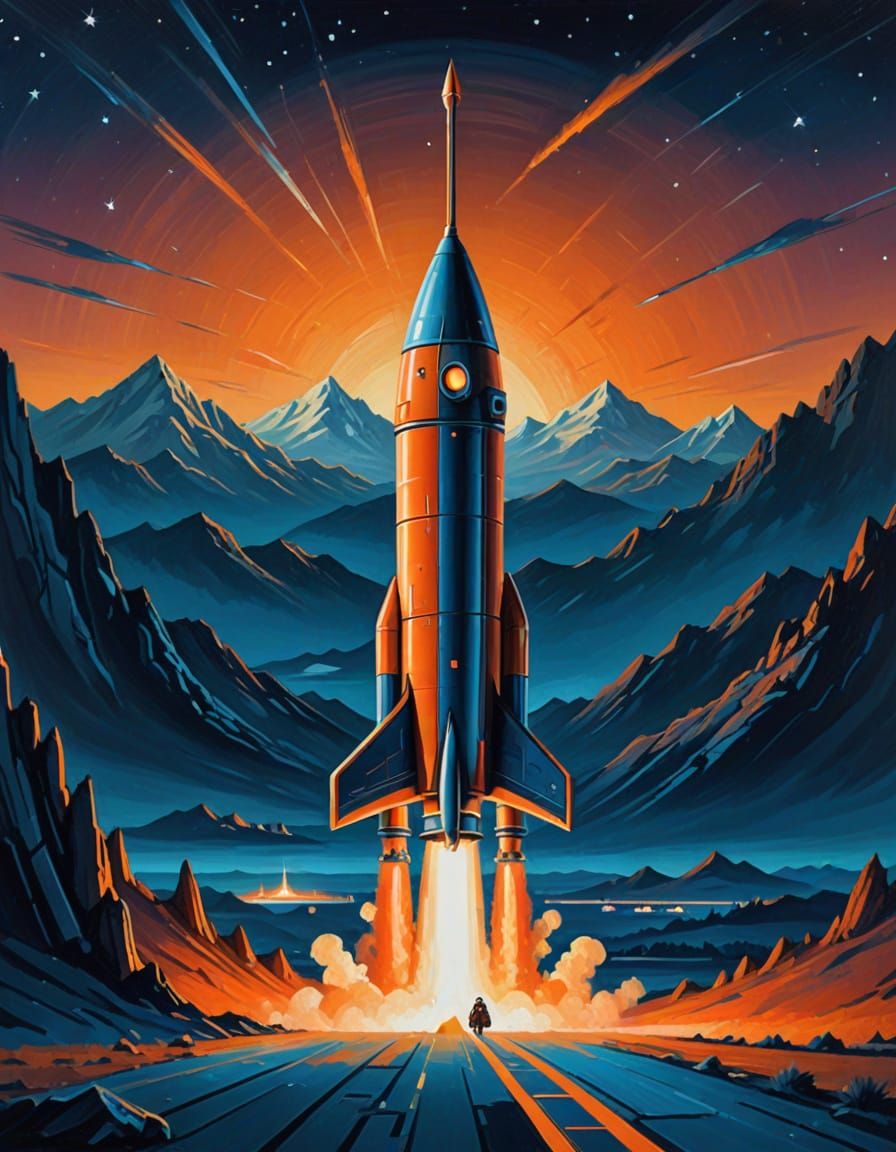 Retro-Futuristic Rocket in Oil Painting Style