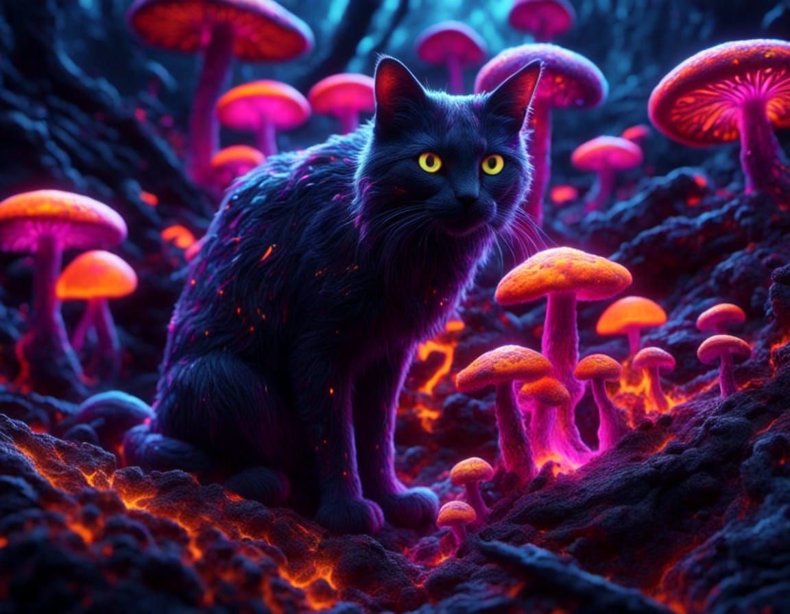 Dark Cat in Magical Forest with Glowing Mushrooms