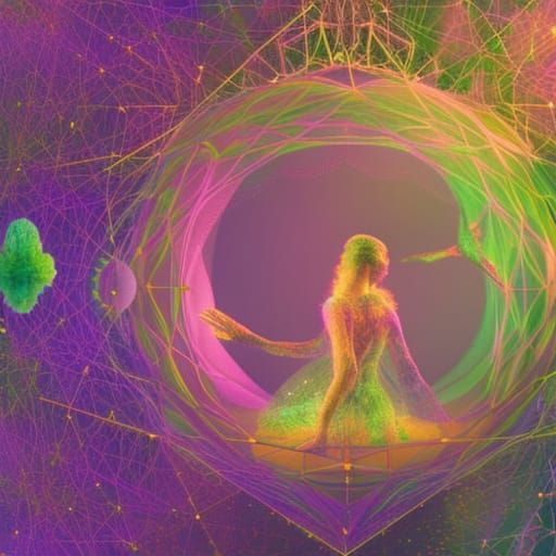 Cosmic Musicians in Blooming Forest, Astral Illustration