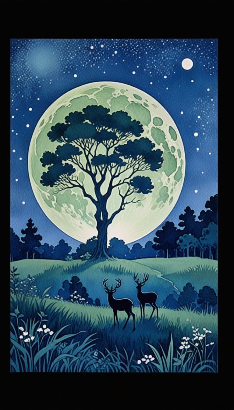 Mystical Forest Clearing in Folk Art Style