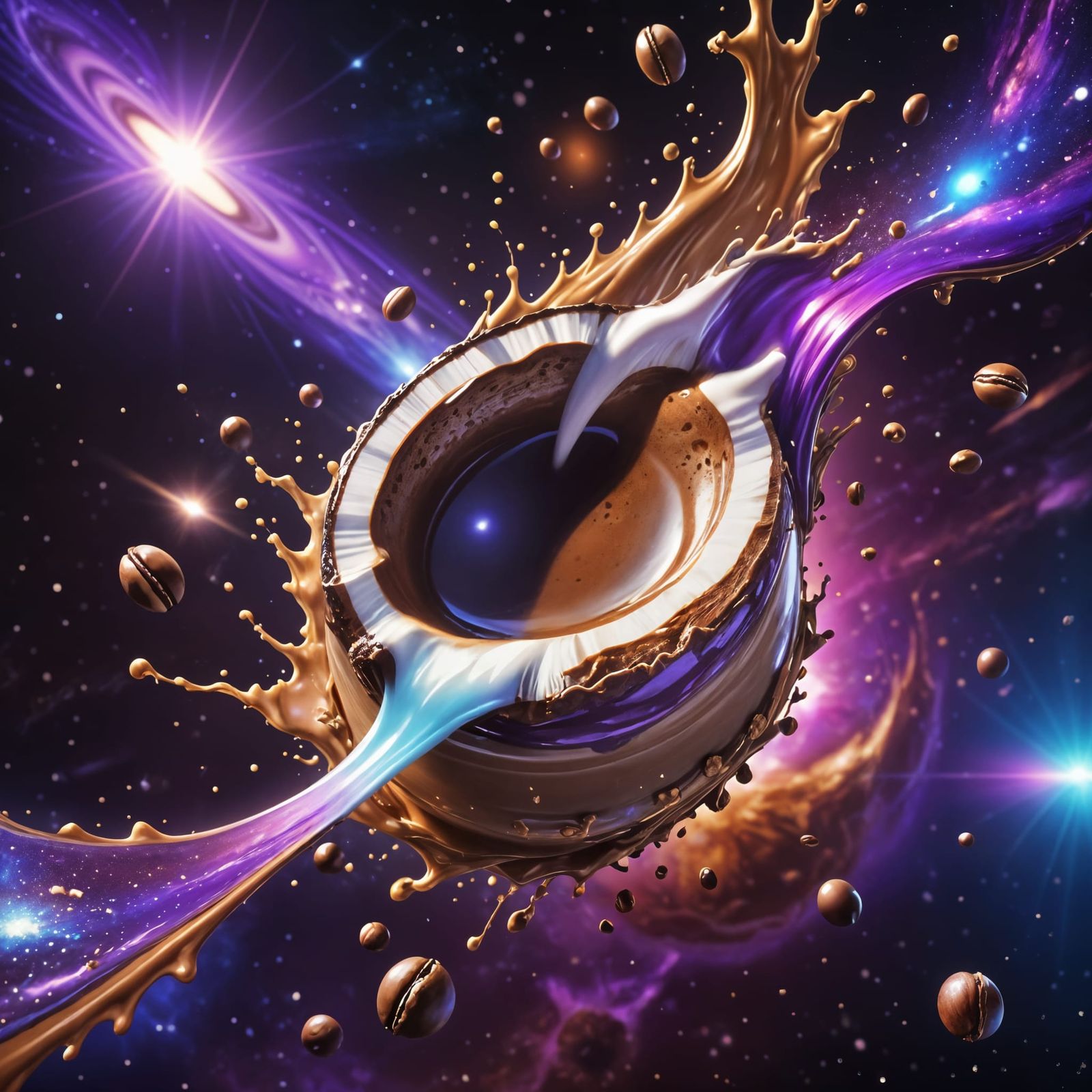 Ethereal Cosmic Coffee Scene in Vibrant Hues