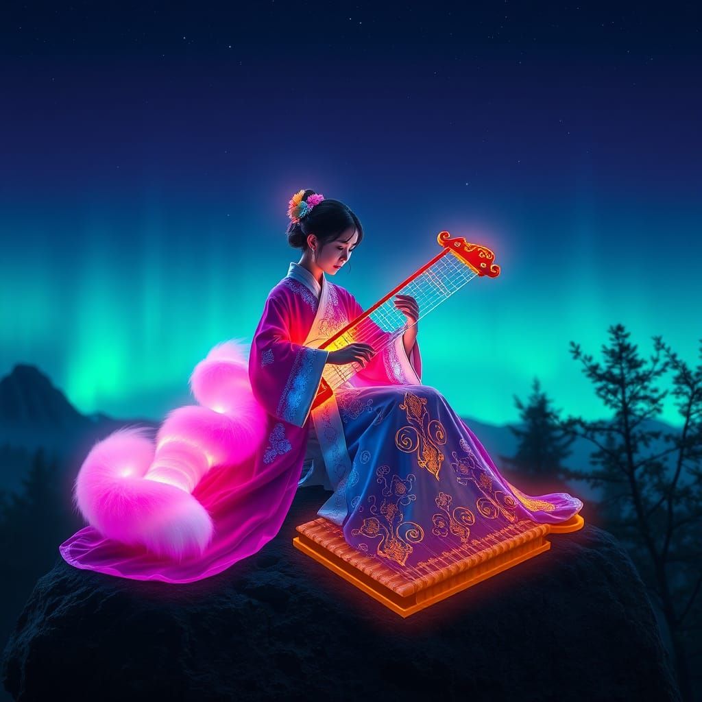 Neon Chinese Girl Playing Guzheng Under Aurora