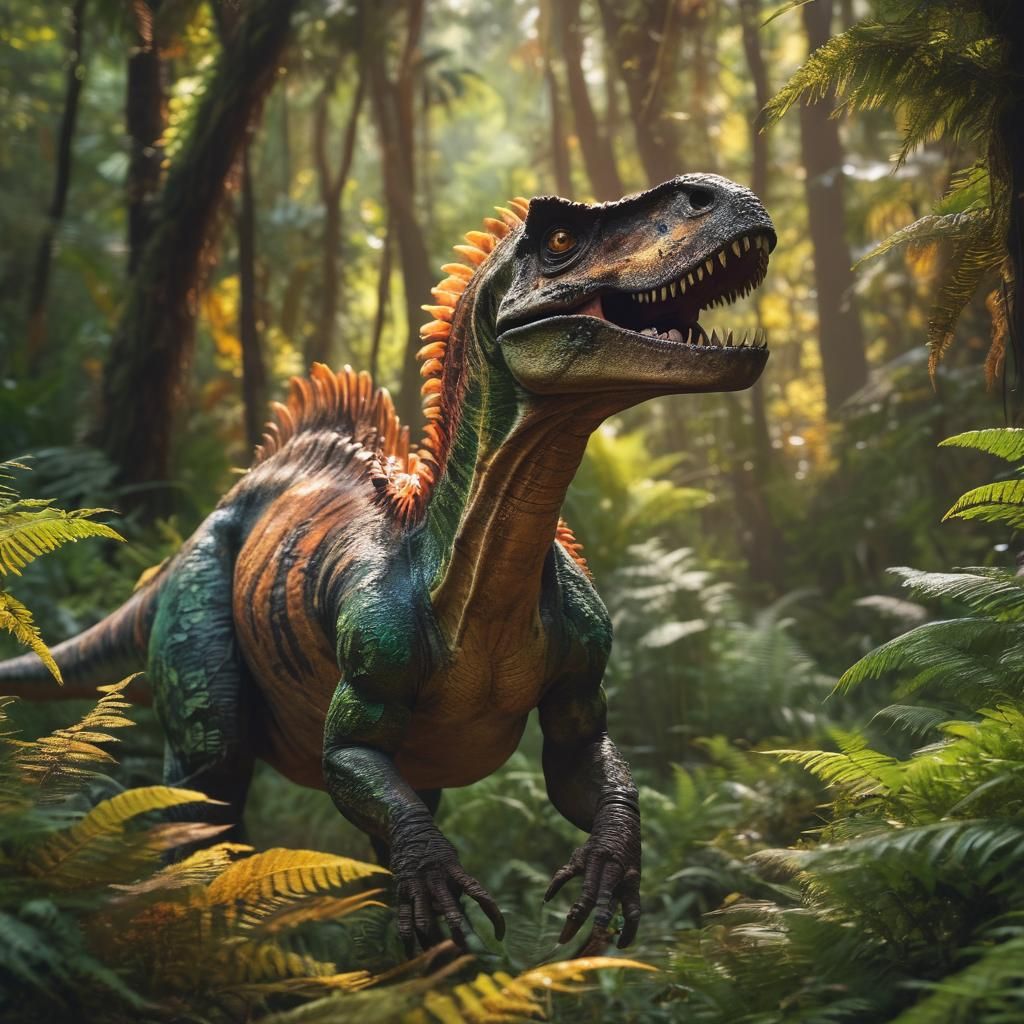 Dinosaur in Prehistoric Forest, Macro Photography in Vibrant...