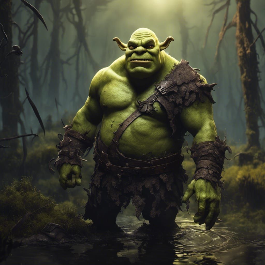 Undead Shrek on Corrupted Bog Swamp: Dark Fantasy Art