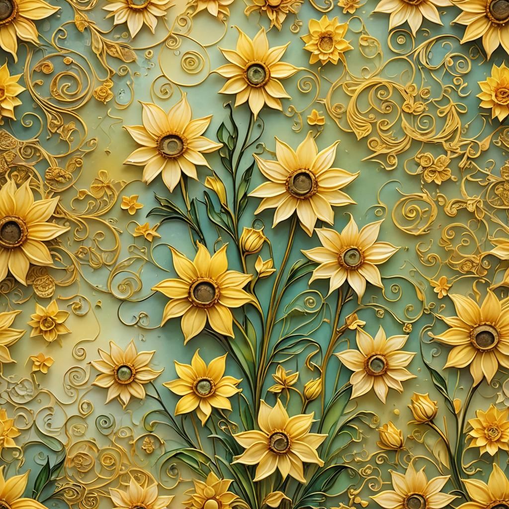 Yellow Flowers in Pastel Sunrise, Alcohol Ink Style