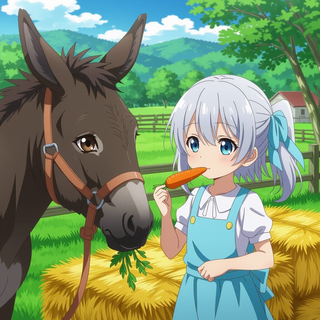 Silver-Haired Girl Feeds Donkey on Farm