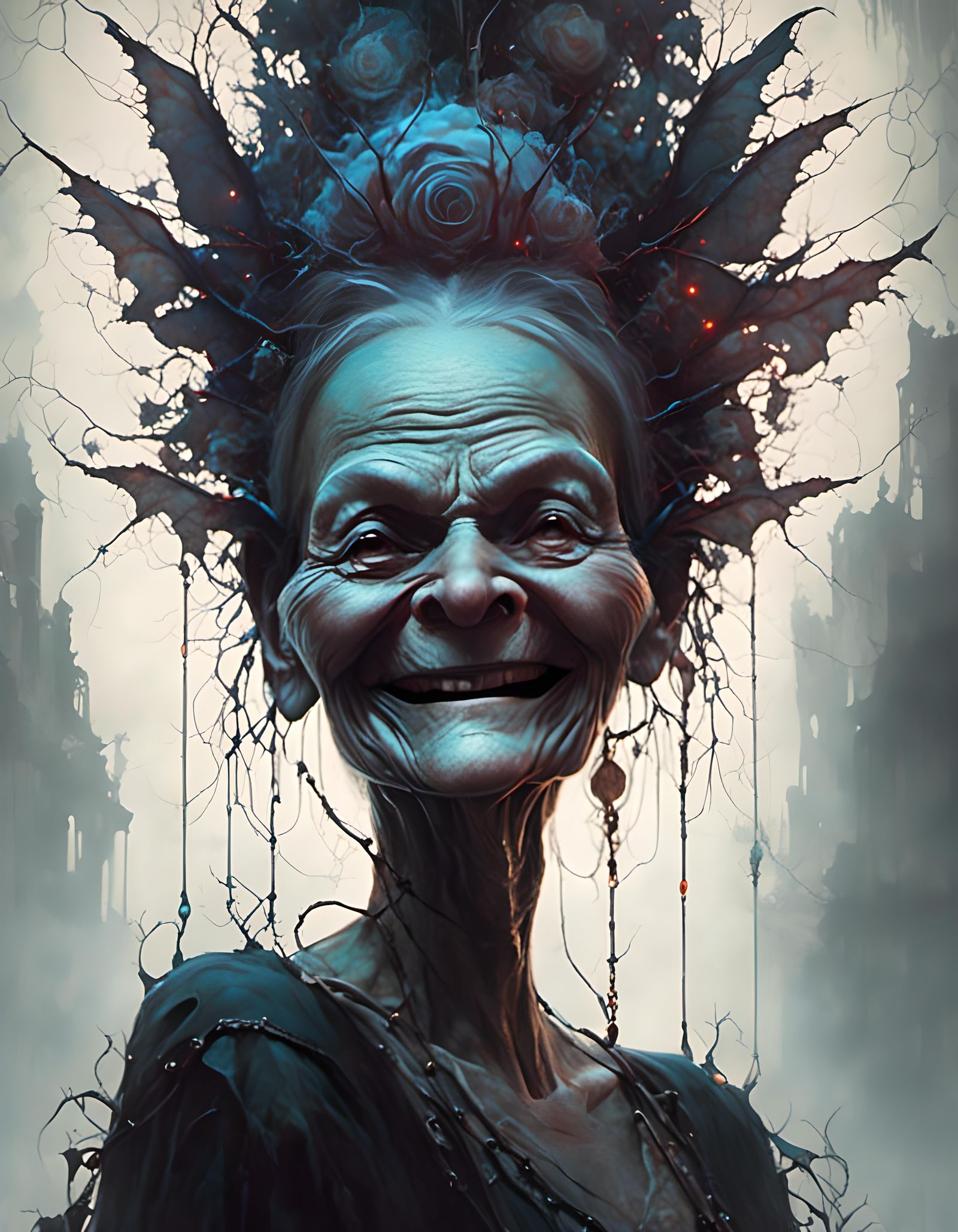 Sinister Old Woman in Neon Gothic Portrait