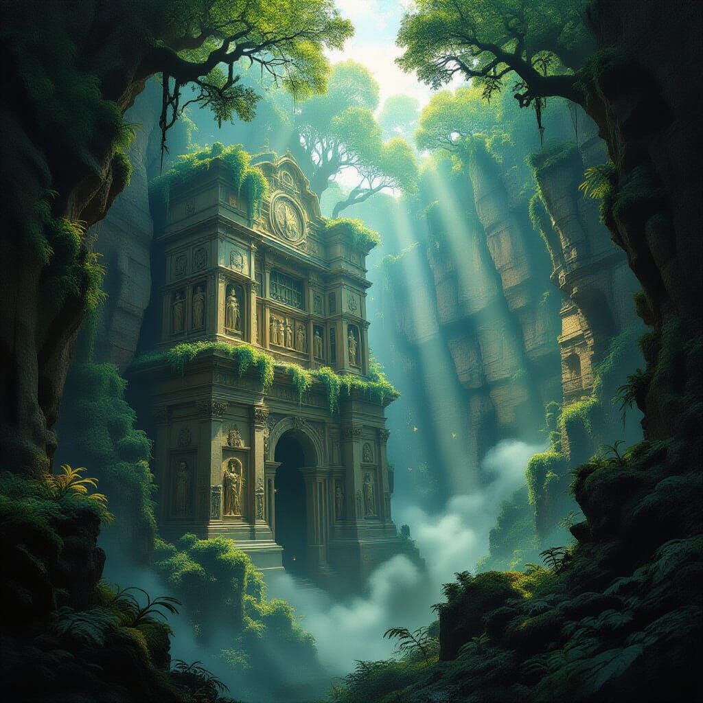 Ancient Cliffside Library in Bioluminescent Flora - Dark Fan...