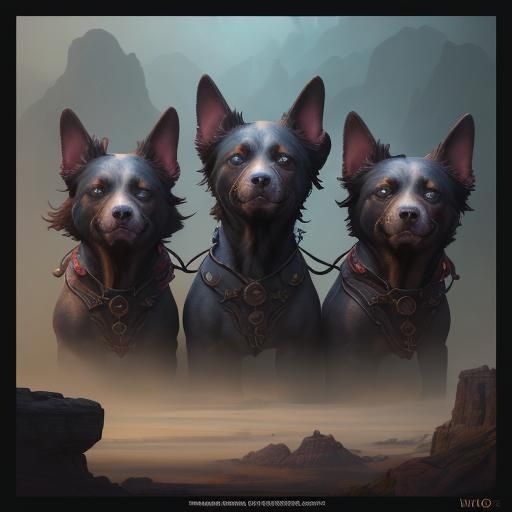 Three-Headed Dog in Detailed Matte Painting Style