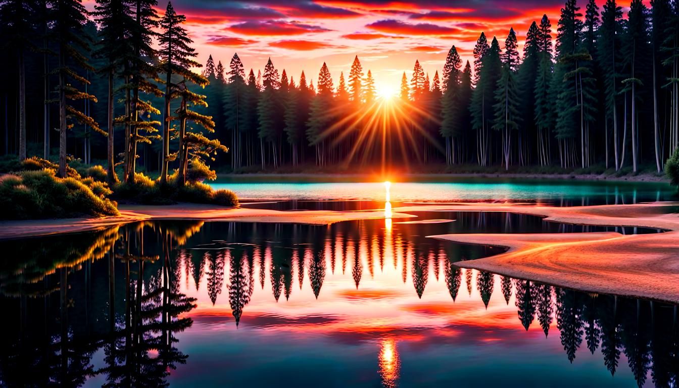 Otherworldly Sunset Over Forest Lake