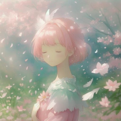 Delicate Anime Girl in Whimsical Watercolor Garden