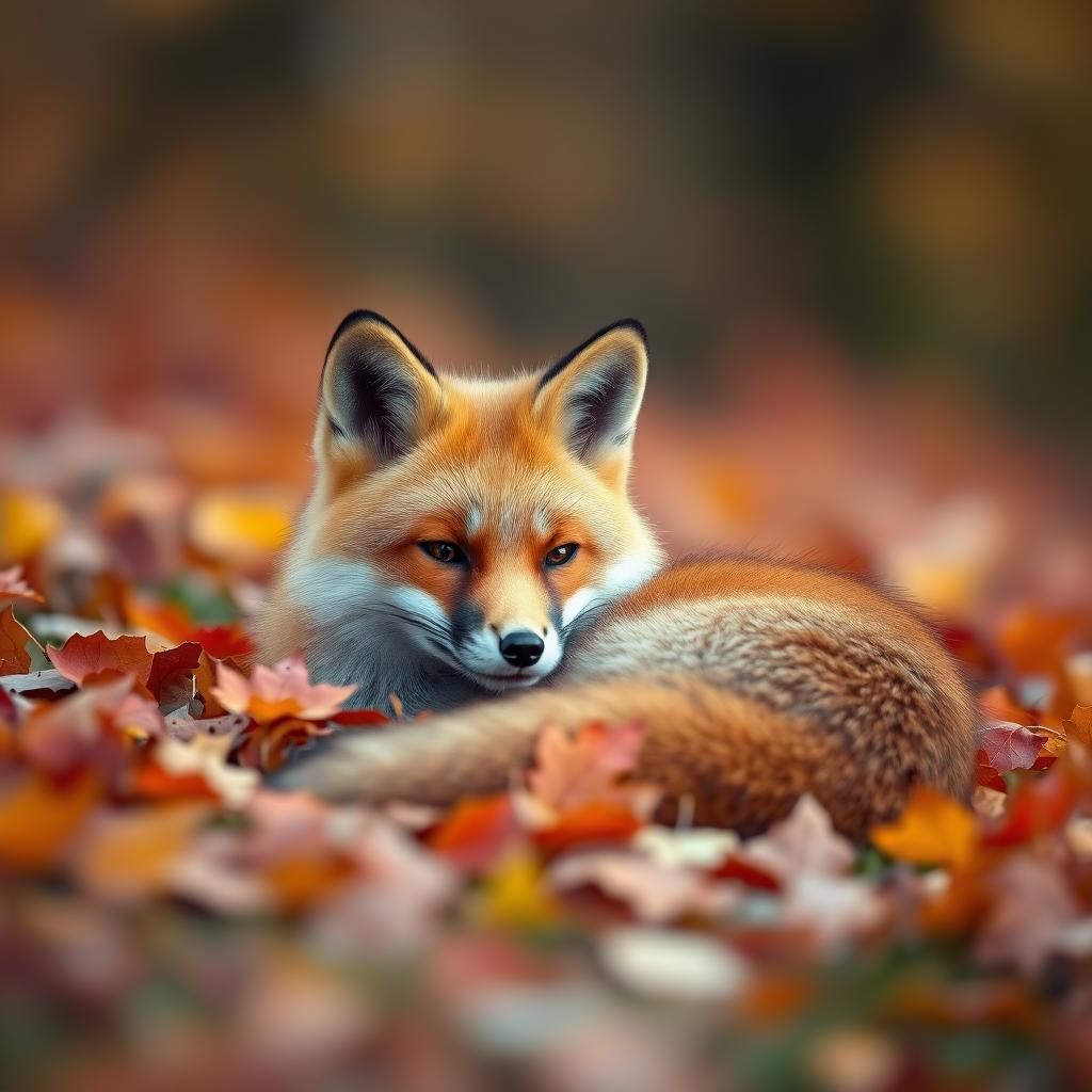 Red Fox Cuddled in Vibrant Autumn Landscape