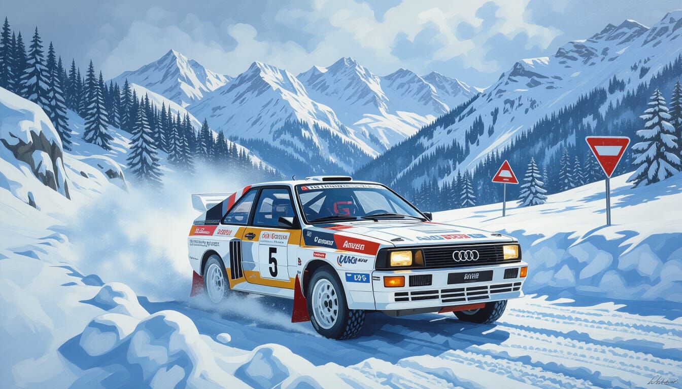 Audi Quattro Rally Car Painting on Snowy Alpine Road