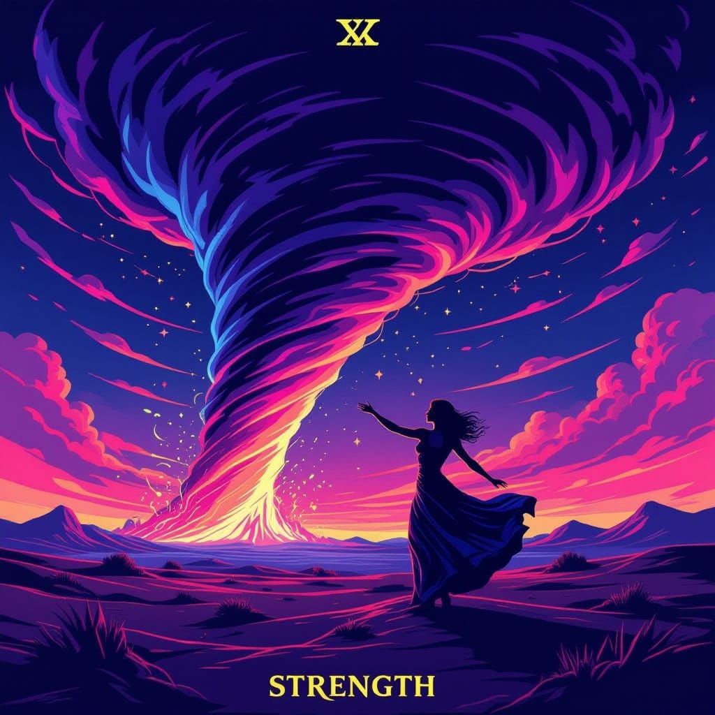 Woman Taming Tornado in Synthwave Tarot Style
