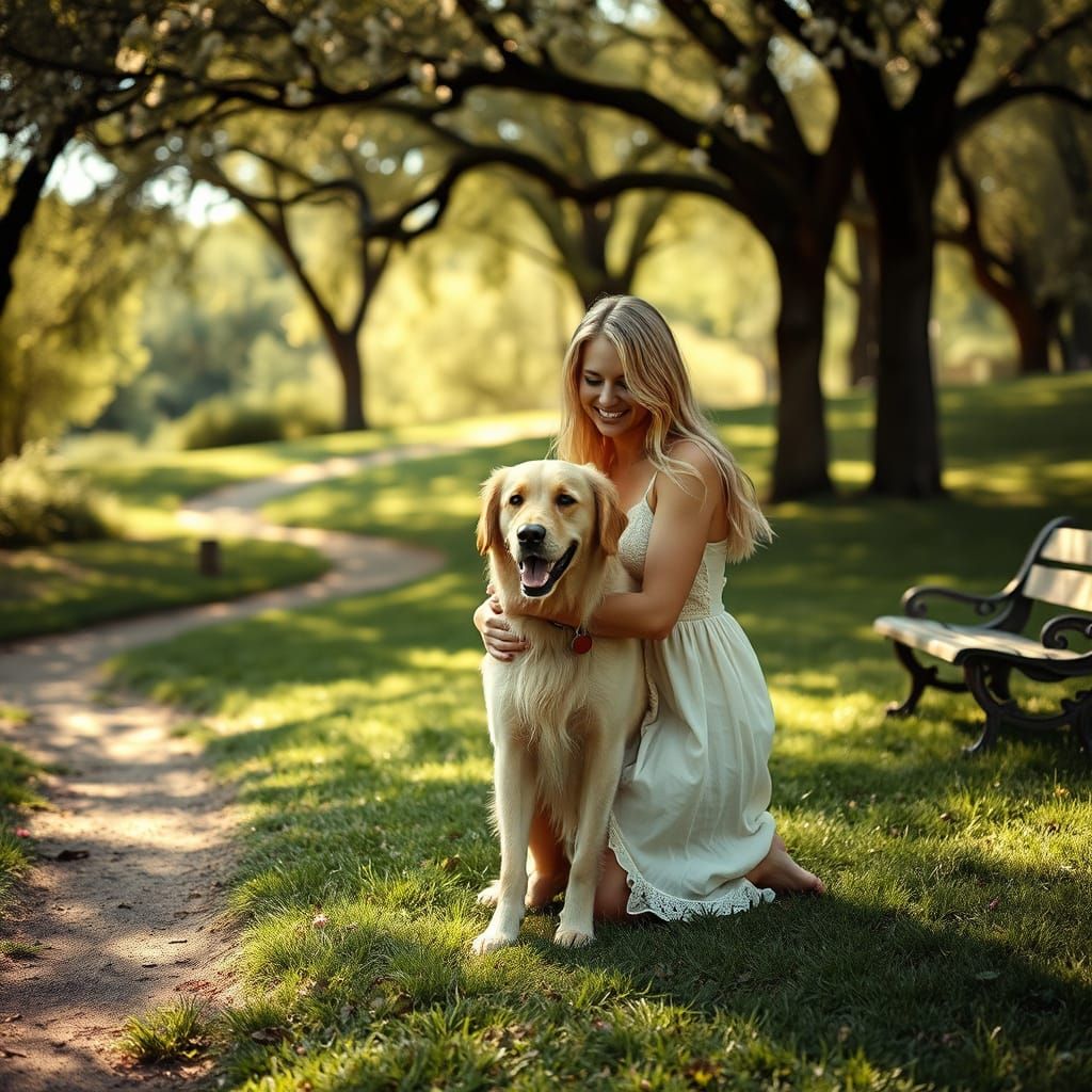 Woman and Golden Retriever in Sunny Park