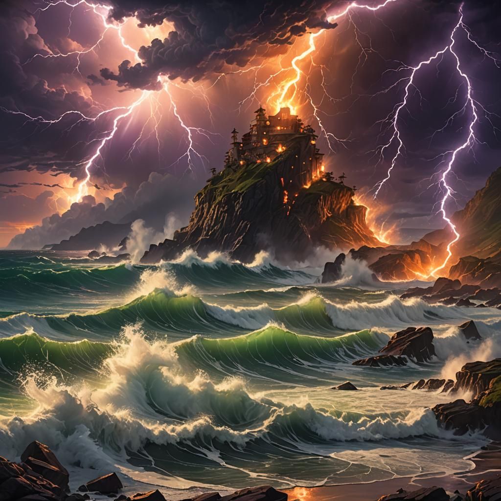 Epic Lightning Strikes Ocean, Fantasy Art Nouveau
