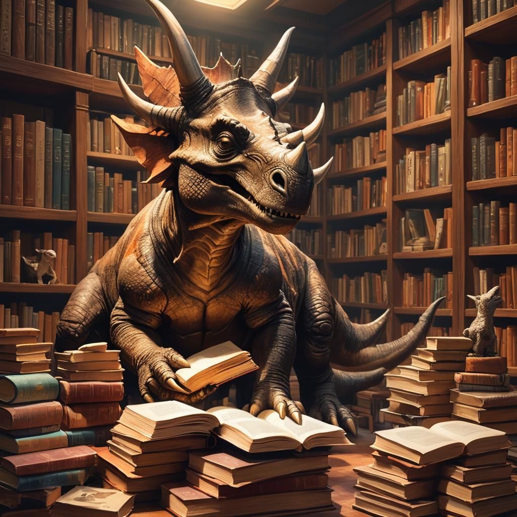 Triceratops Reads in Cozy Prehistoric Library