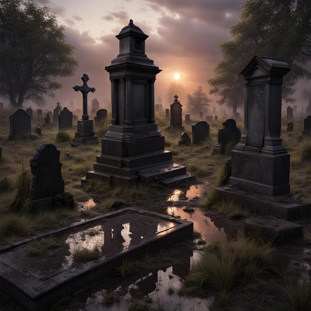 Abandoned Victorian Graveyard at Sunset in Photorealistic De...