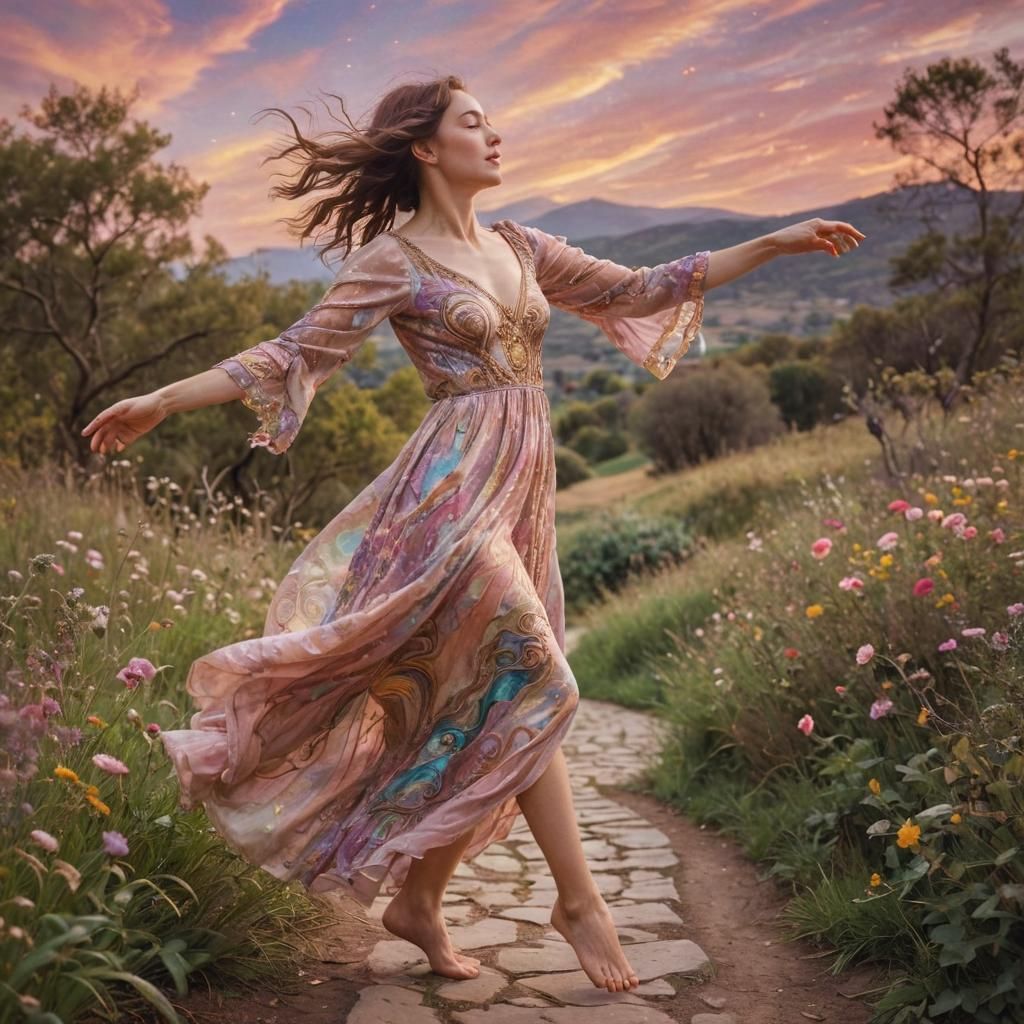 Joyful Dance in Nature: Surreal Art Nouveau Scene