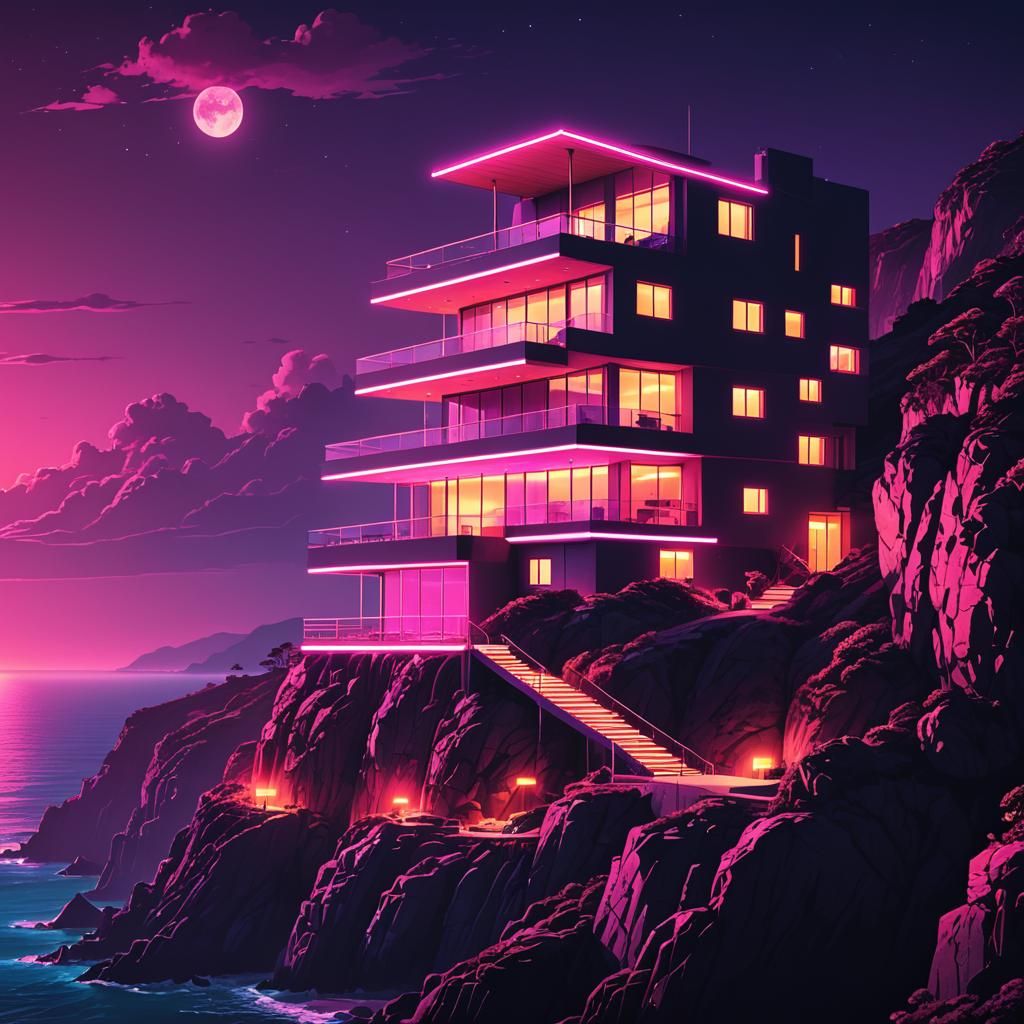 Luxury Cliffside House in Synthwave Neon Style