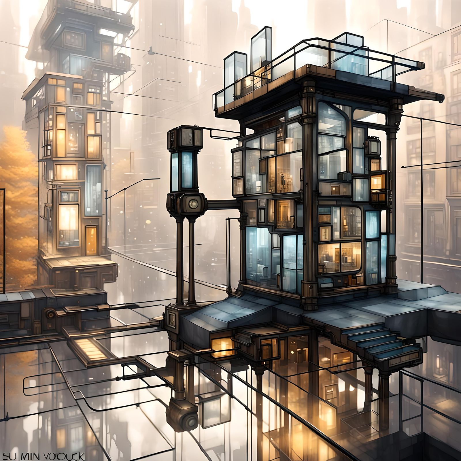 Mondrian Style Futuristic City in Glass Cube