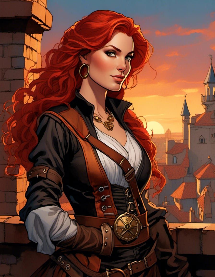 Redhead Pirate on Castle Rooftop in Renaissance Style