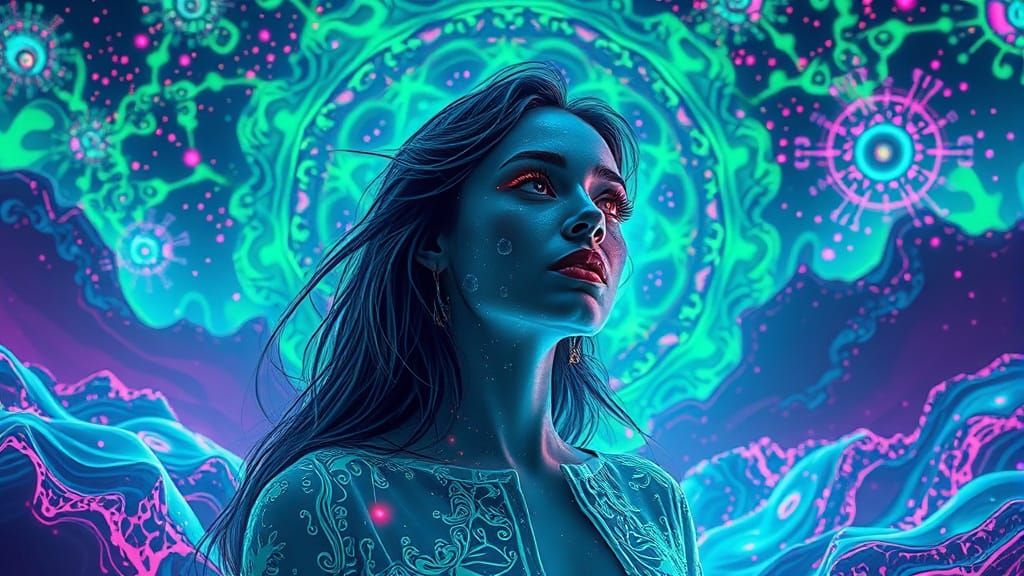 Woman in Cosmic Bioluminescent Fractal Landscape
