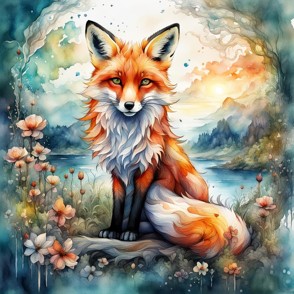 Fox in Summer Dawn: Watercolor Fairytale Illustration
