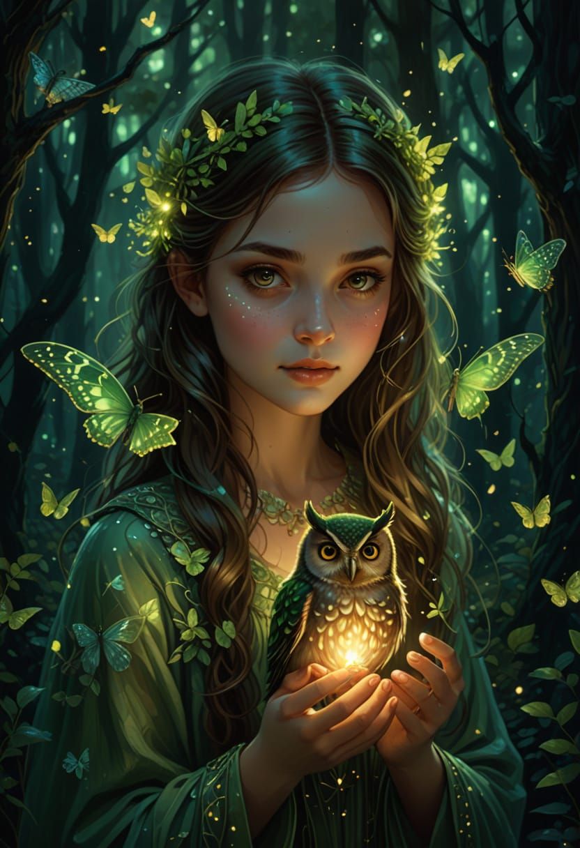 Enchanted Forest Girl with Owl: Fantasy Digital Art
