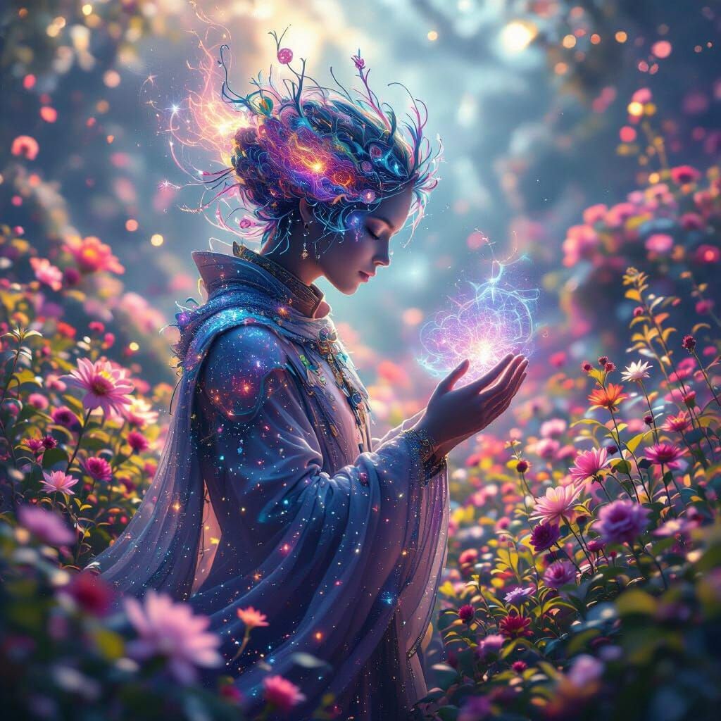 Celestial Being Nurturing Cosmic Garden, Digital Art