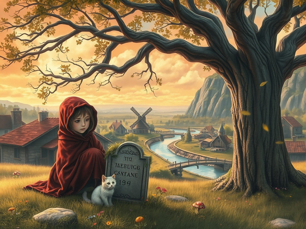 Mourning Girl Beside Grave as Pastel Watercolor