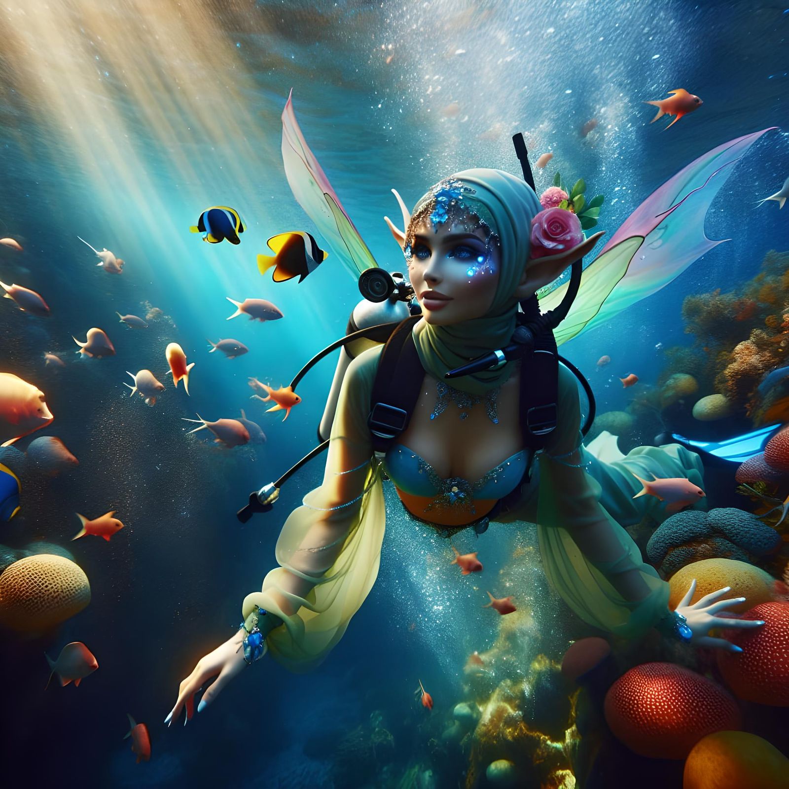 Fae Woman Scuba Diving in Enchanting Underwater Scene