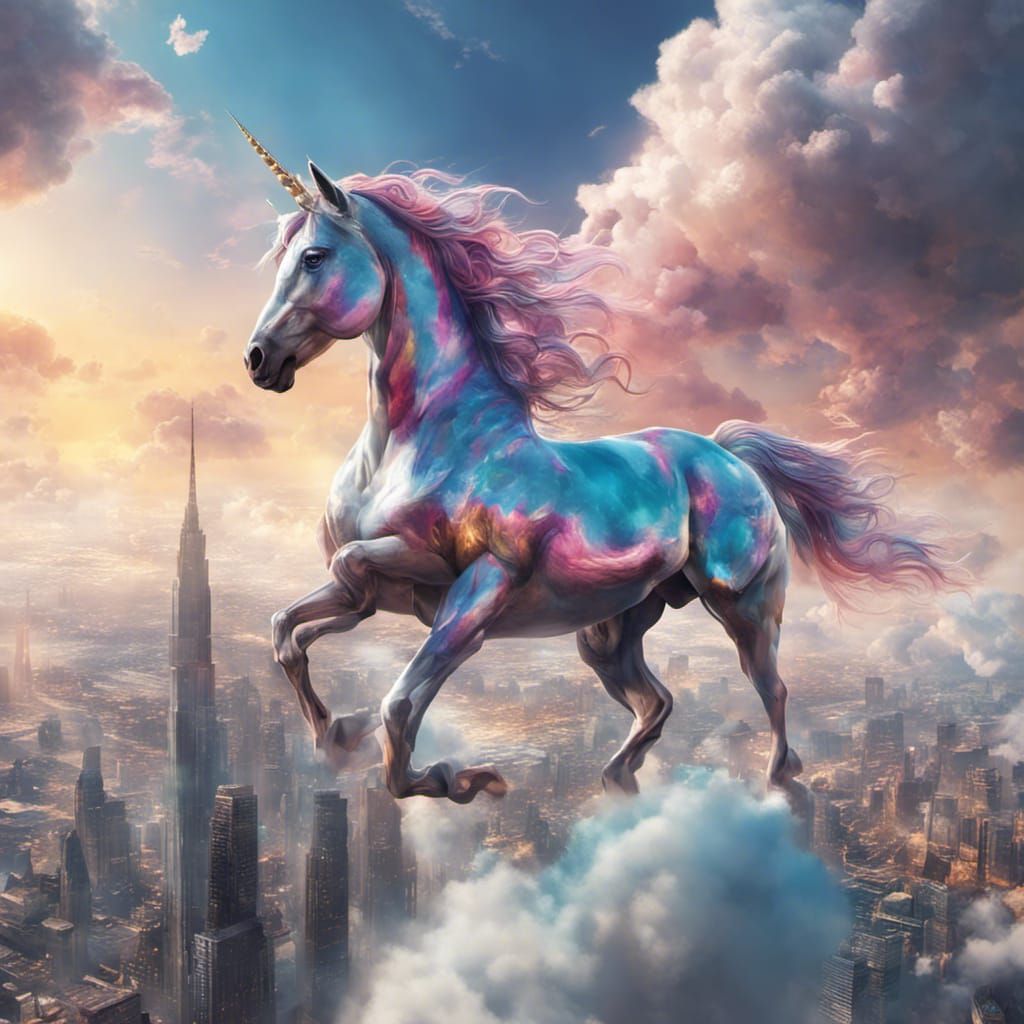 Hyperrealistic Unicorn City in the Clouds