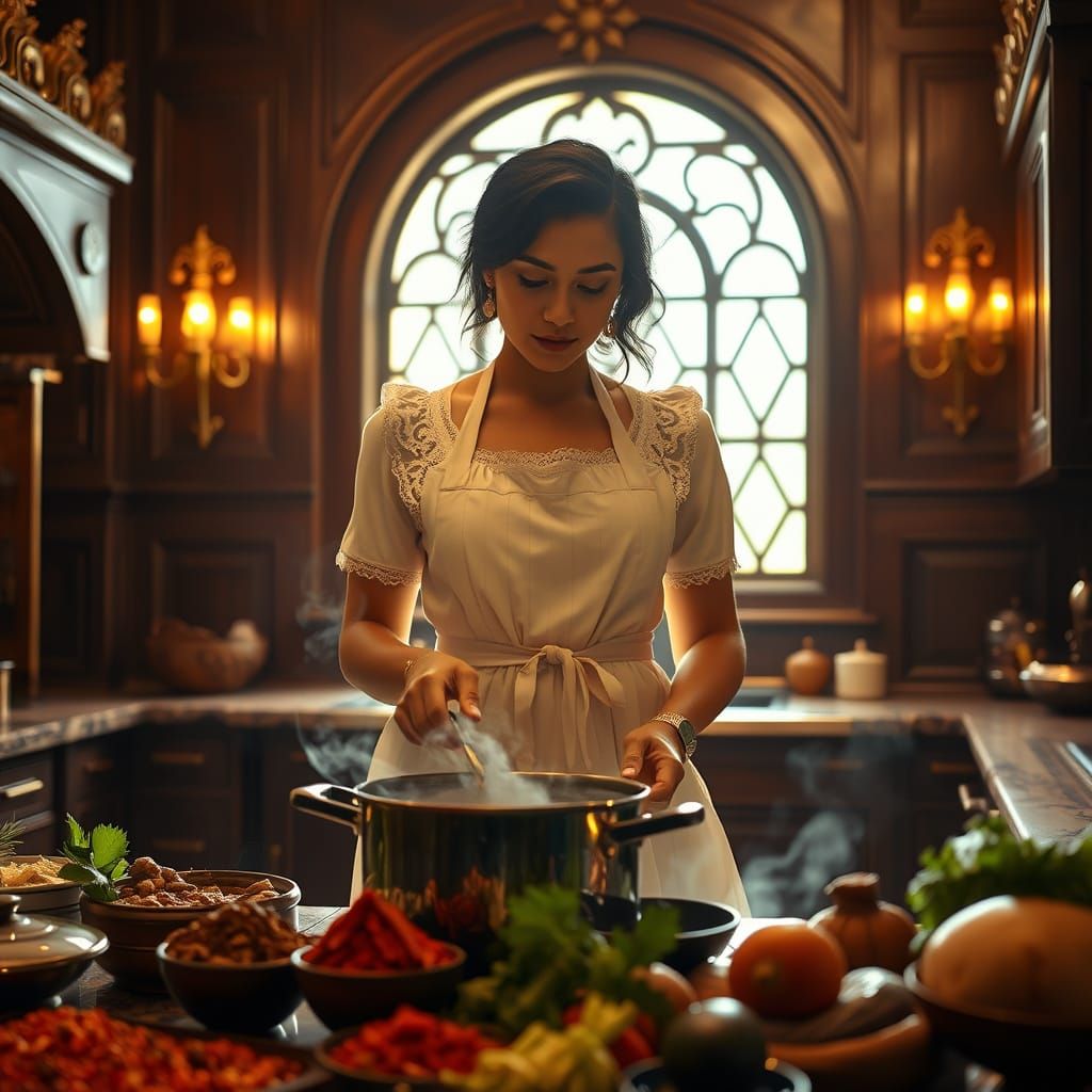 Elegant Cook in Opulent Kitchen, Cinematic Style
