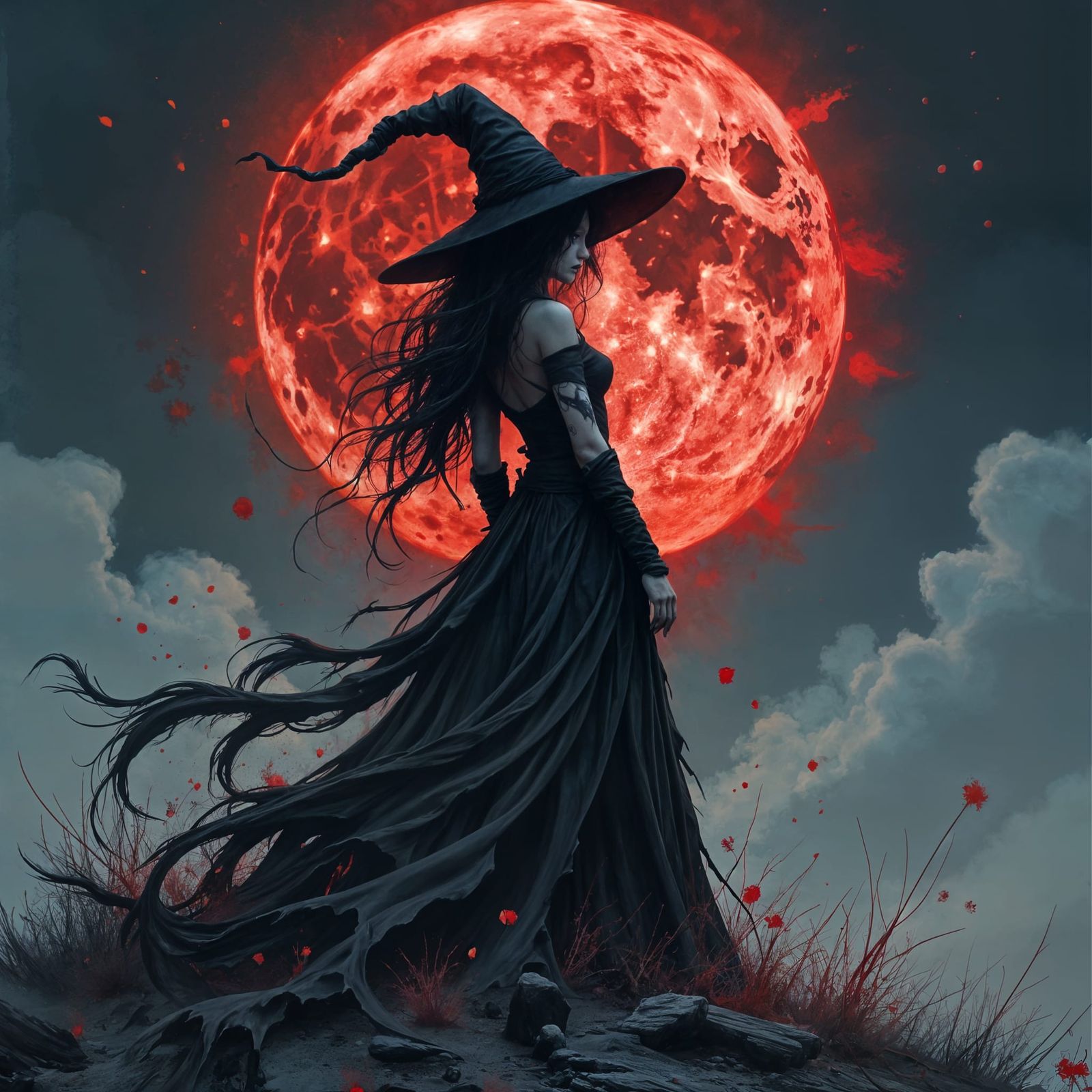 Witch Under Blood Moon Impasto Painting