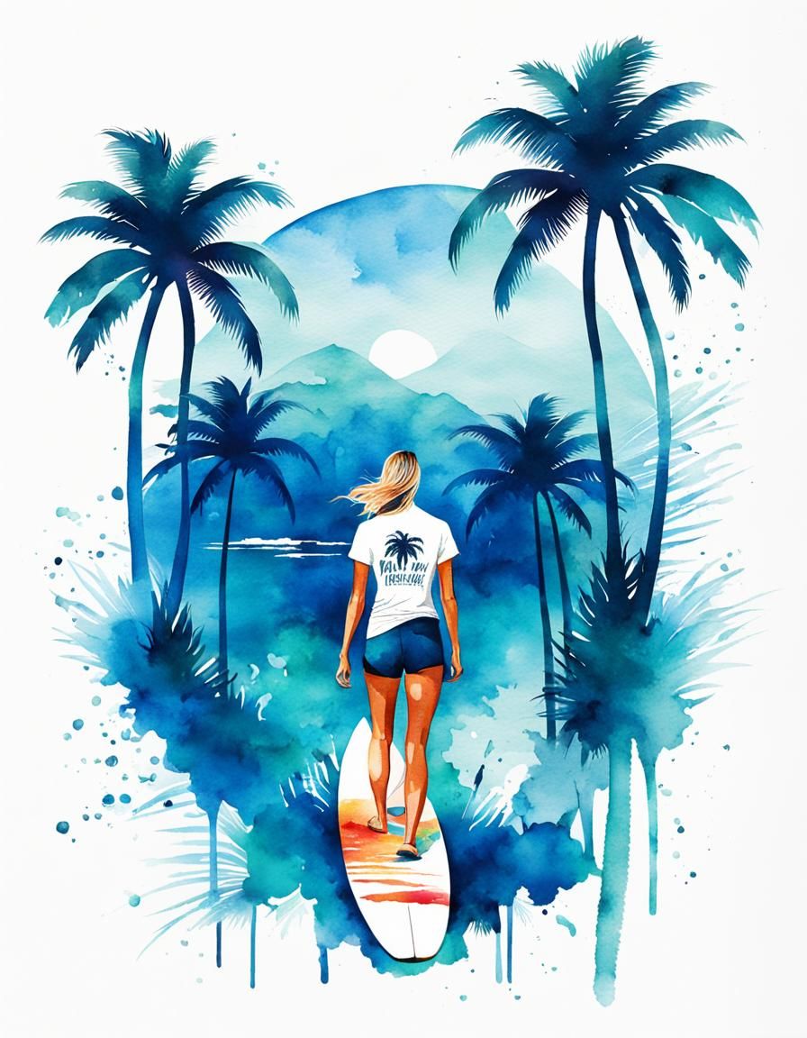 Watercolor Surfer Logo with Tropical Palms