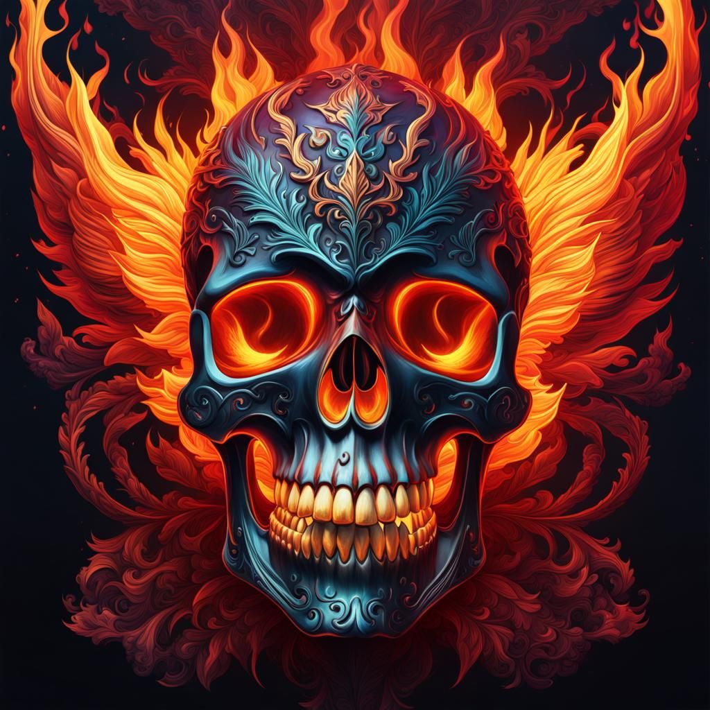 Detailed Flaming Skull in Maximalist Style