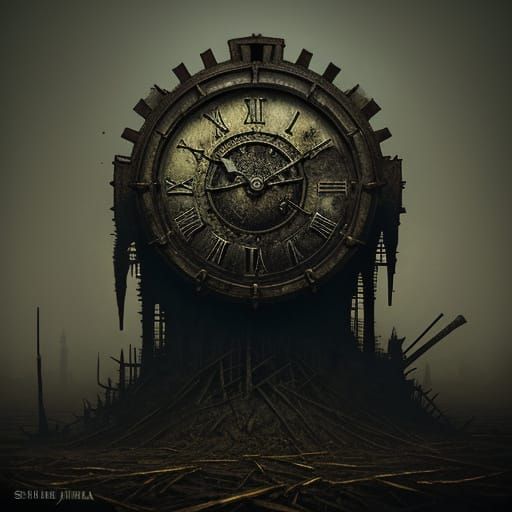 Melting Clock in Desolate Tower, Dark Fantasy Art