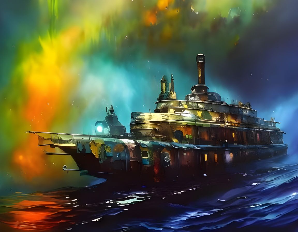 Colorful Submarine in Psychedelic Underwater Scene