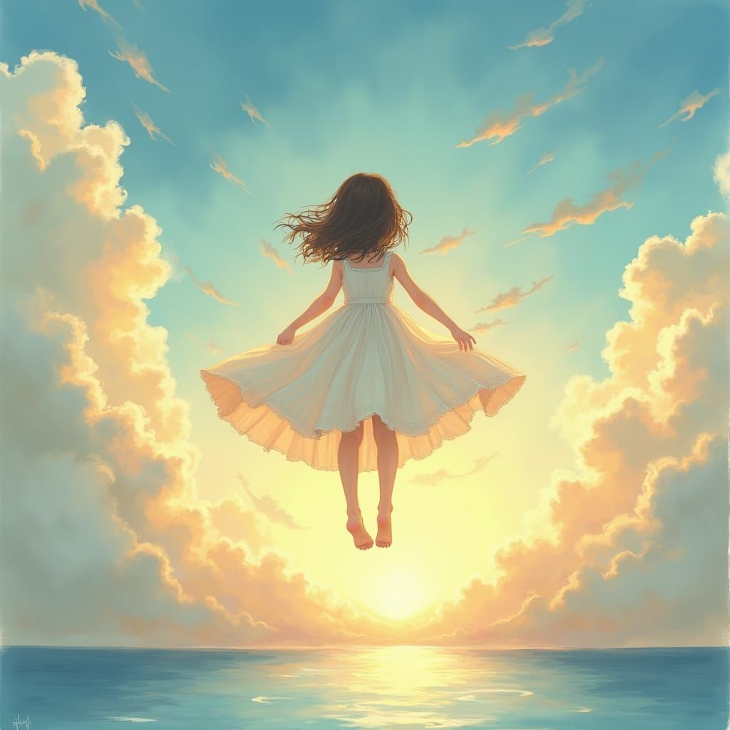 Girl on Clouds Above Sea, Watercolor Style