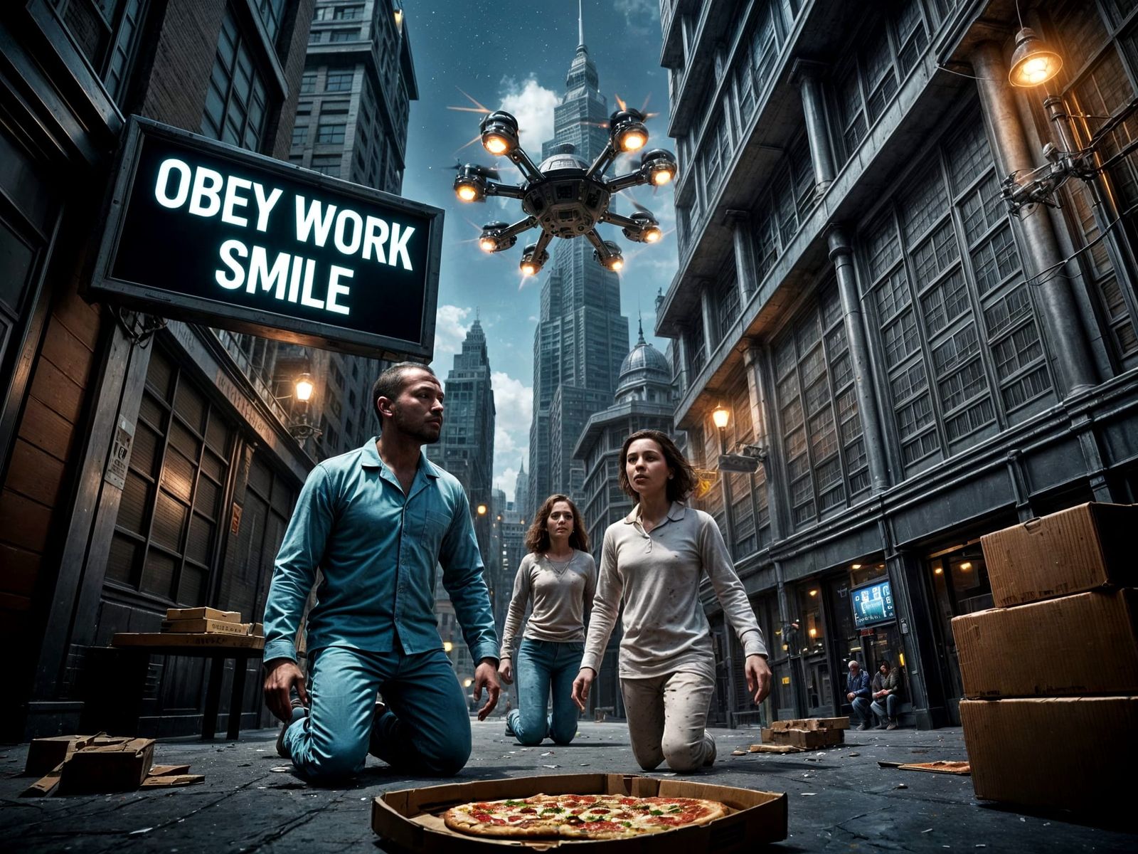 Dystopian Pajama Party in Futuristic Cityscape