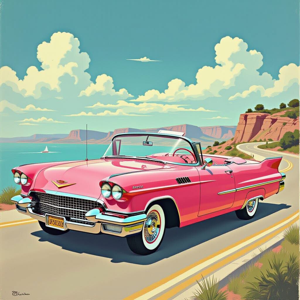 Pink Cadillac on Route 66 in Illustrated Style