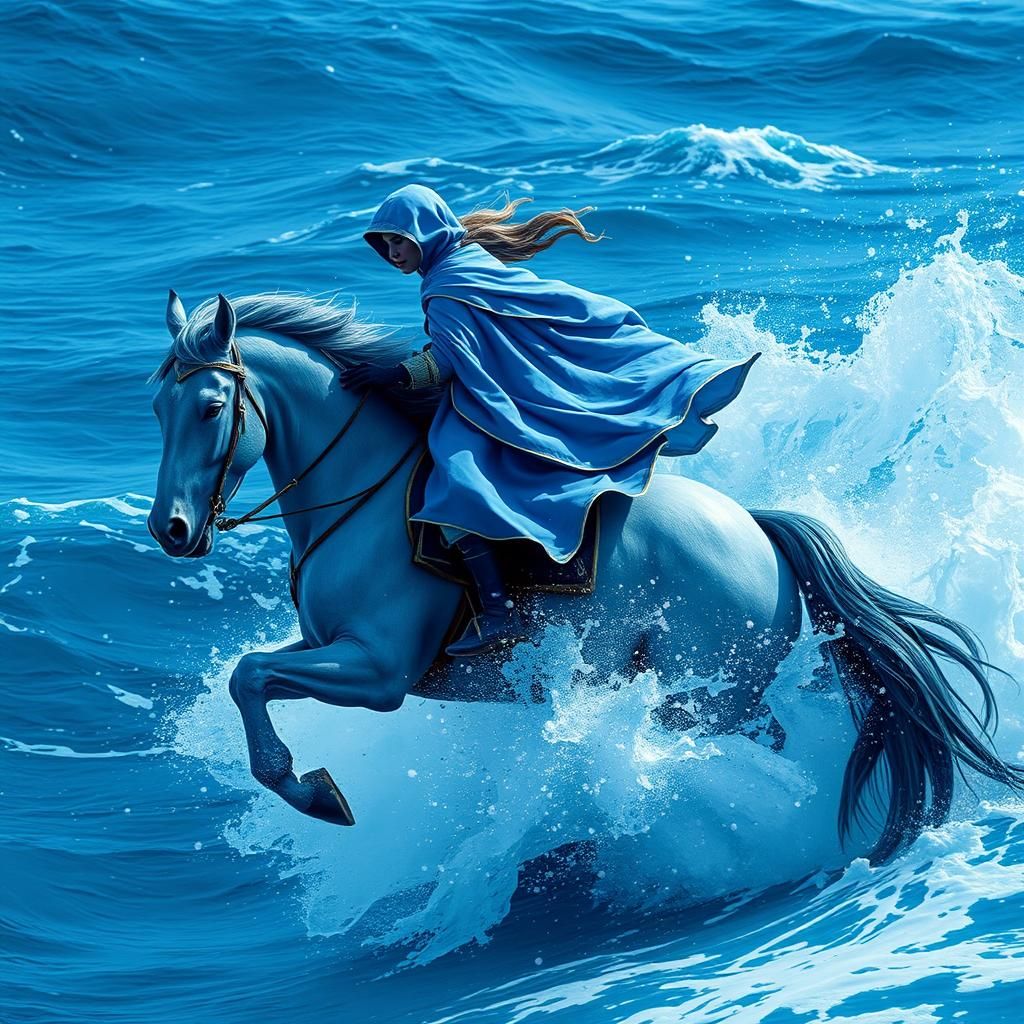 Blue Cloaked Woman Riding Ice Horse: Fantasy Art