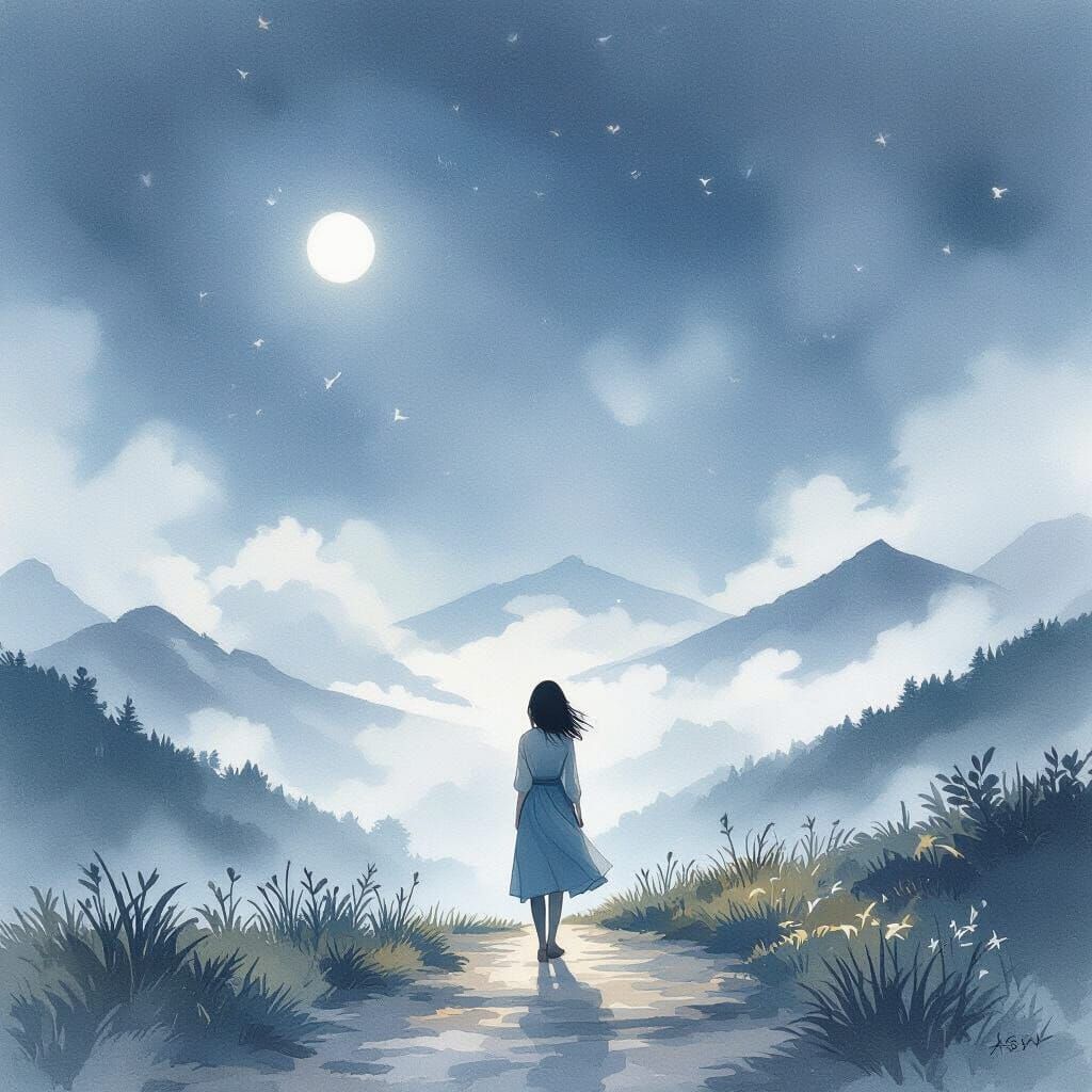 Serene Woman on Misty Mountain Path in Watercolor Style