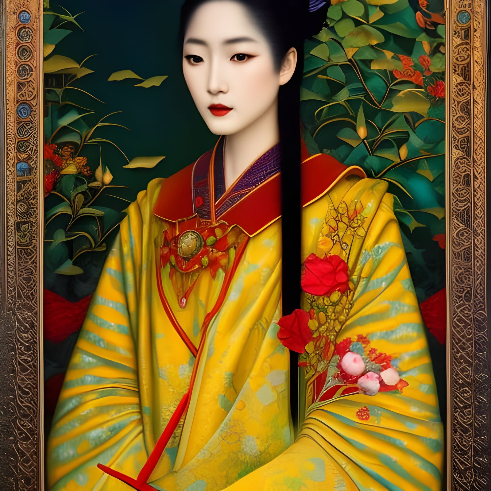 Vibrant Surreal Painting of Woman in Kimono