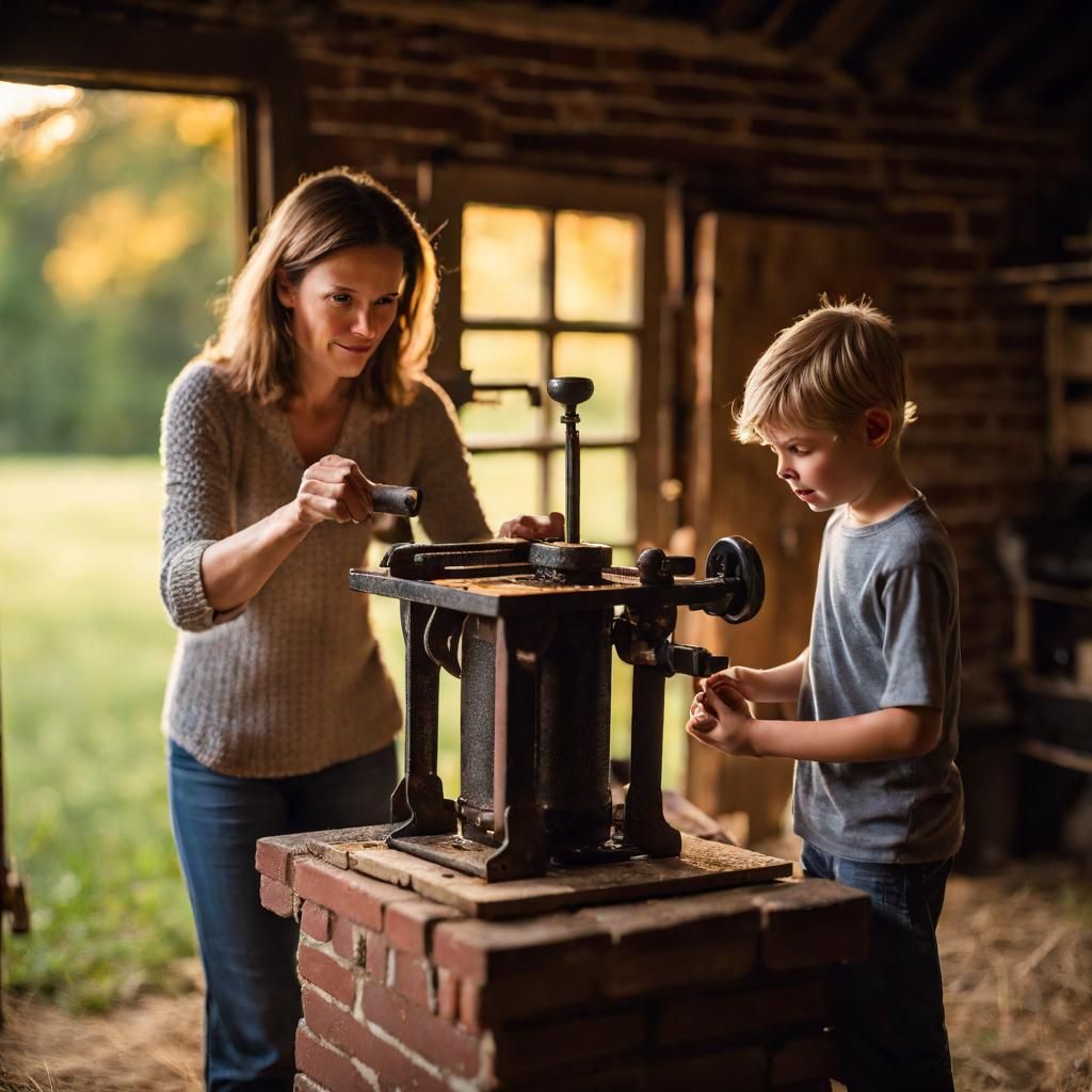 Woman and Son Crushing Grapes in Barn