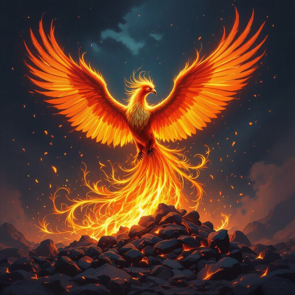 Phoenix Reborn From Ashes in Epic Fantasy Art Style