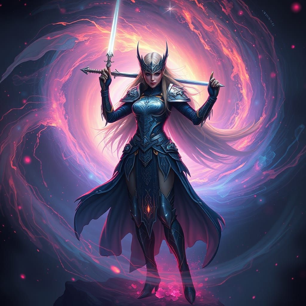 Mystical Warrior in Iridescent Energy, Detailed Matte Painti...